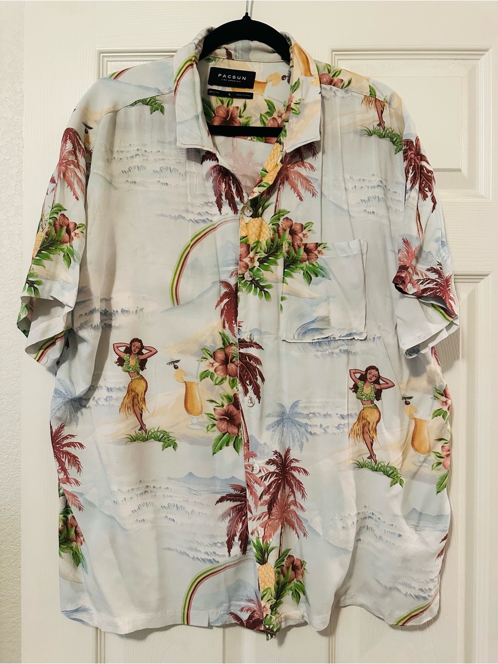 PacSun Light Blue Hawaiian Hula Camp Shirt with Tropical Print
